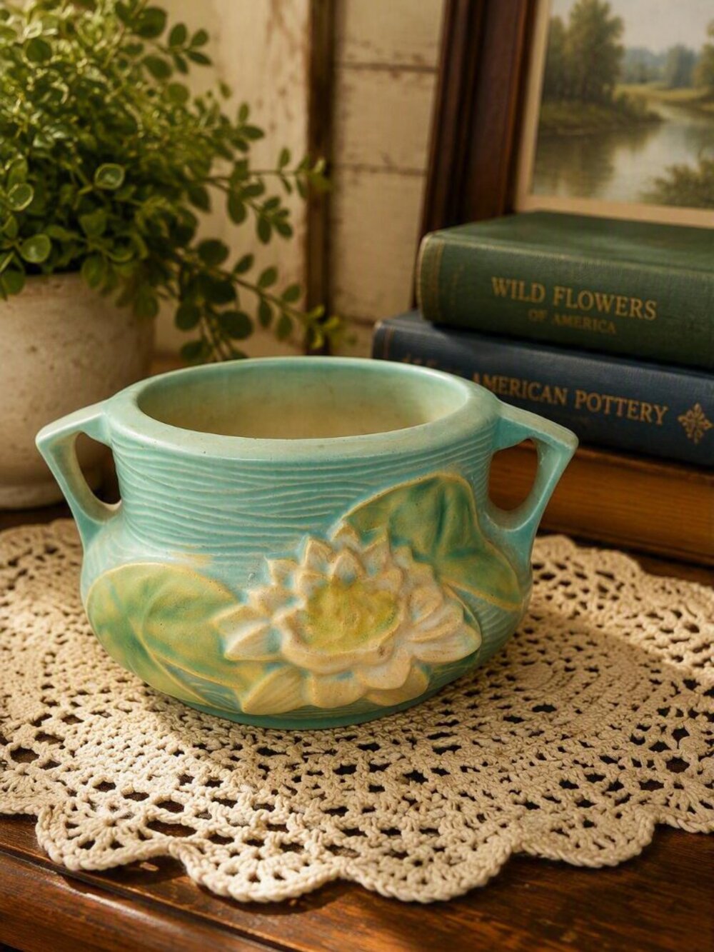 Vintage Roseville Pottery Water Lily Blue Green Jardiniere Bowl 663-3" MINT